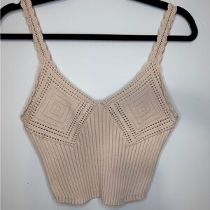 Free People Intimately Crochet Knit Tank Top Beige Cream Ribbed Square Boho L